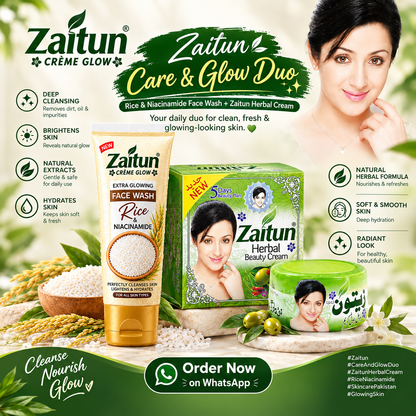 Zaitun Care & Glow Duo – Rice & Niacinamide Face Wash + Zaitun Herbal Cream